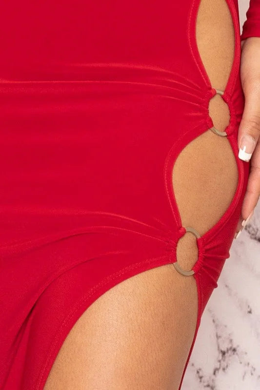 Sexy Multi Metal Key Ring Cutout Maxi Dress - Red - Close Up