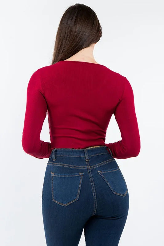 Solid Ribbed Crop Top With Front Hook Detail - Red - Back View