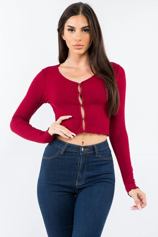 Solid Ribbed Crop Top With Front Hook Detail - Red