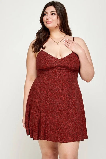 Lovely Plus Leaf Print Mini Dress in rust color