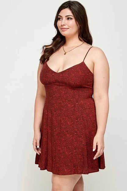 Lovely Plus Leaf Print Mini Dress in rust color