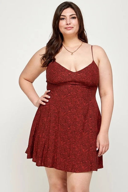 Lovely Plus Leaf Print Mini Dress in rust color