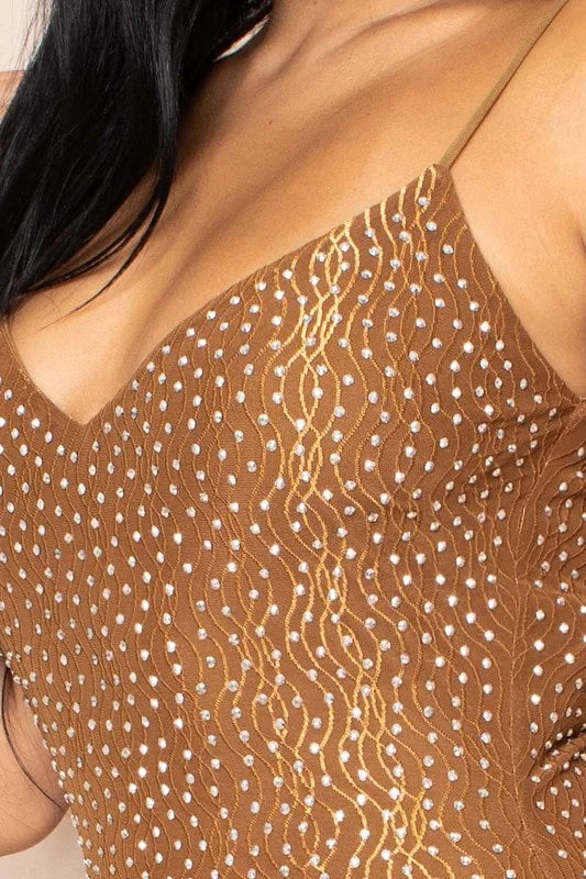 Rhinestone Web Dress - Brown - Close Up