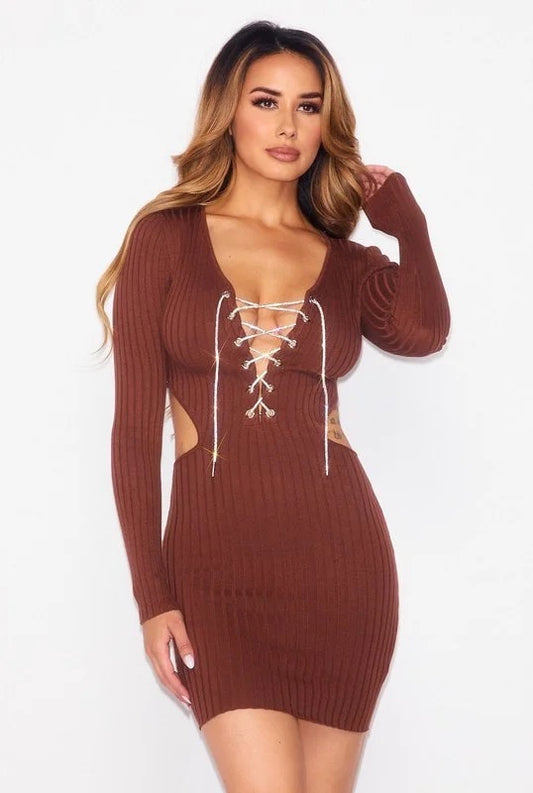 Touch of Bling Lace Up Sweater Dress in brown color