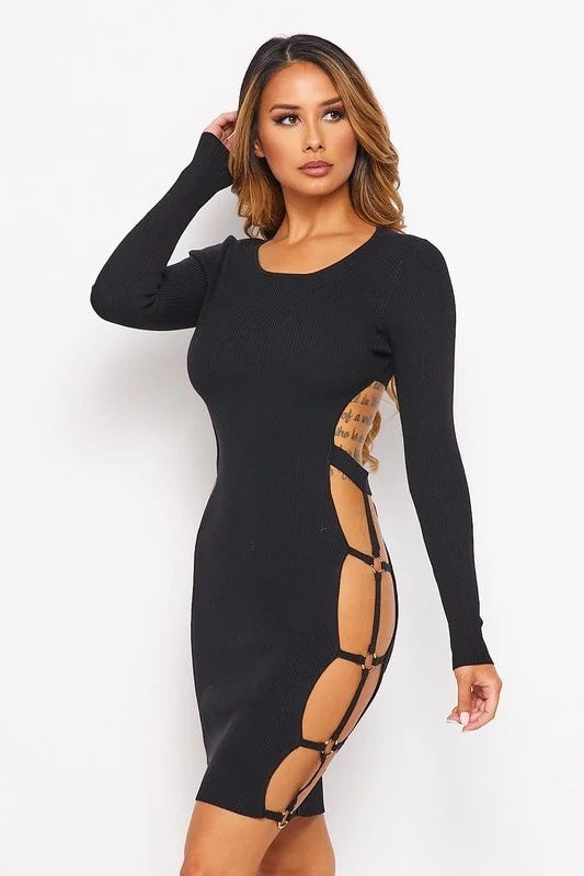 Caged Curves Side Wide Open Long Sleeve Dress - Black