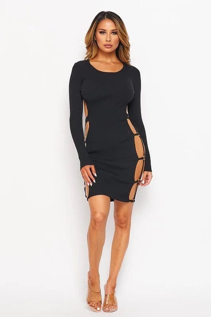 Caged Curves Side Wide Open Long Sleeve Dress - Black