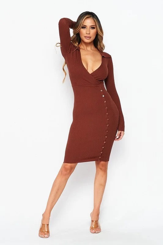 In Charge Side Slit Long Sleeve Ribbed Dress in brown color