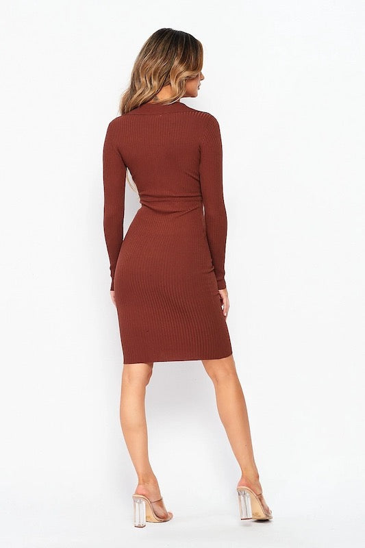 back of In Charge Side Slit Long Sleeve Ribbed Dress in brown color