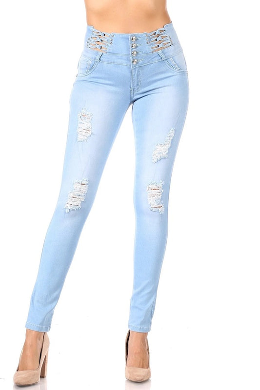 Denim Chain Ripped and Studded Jeans in Light Blue 