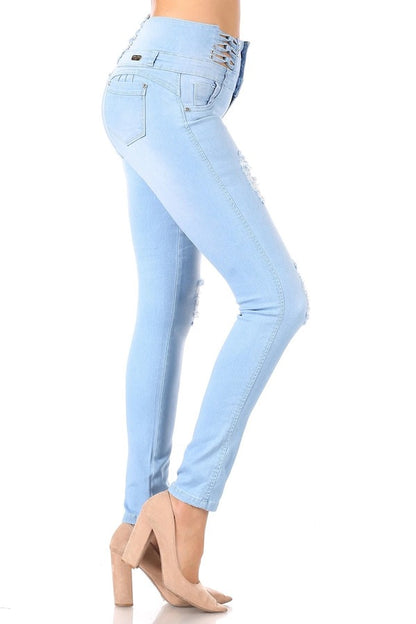 Side of Denim Chain Ripped and Studded Jeans in Light Blue 