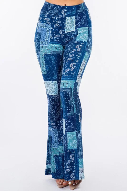 Boho Bandana Patchwork Print Flared Pants - Blue