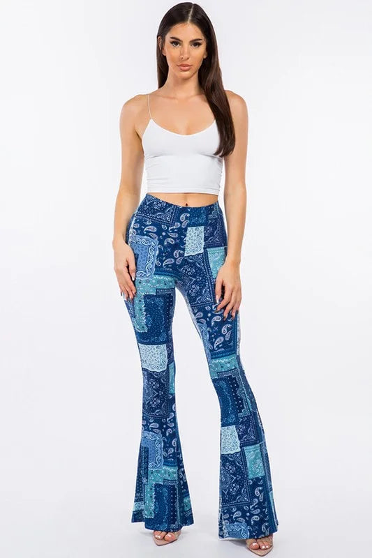 Boho Bandana Patchwork Print Flared Pants - Blue