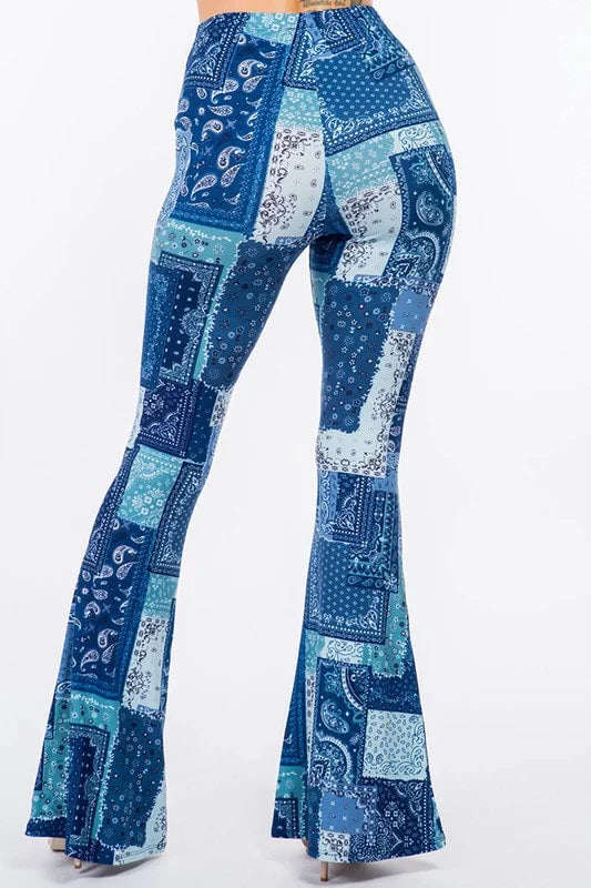 Boho Bandana Patchwork Print Flared Pants - Blue - Back View