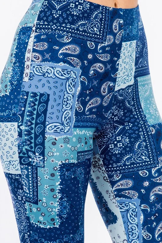 Boho Bandana Patchwork Print Flared Pants - Blue - Close Up