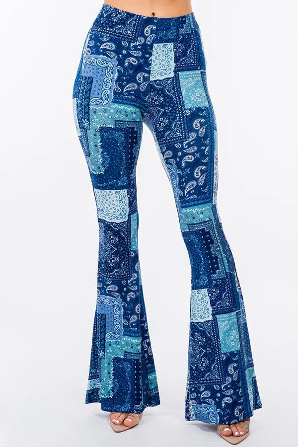 Boho Bandana Patchwork Print Flared Pants - Blue