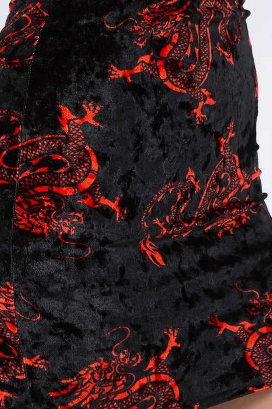 Fierce Dragon Printed Velvet Mini Skirt - Black/Red