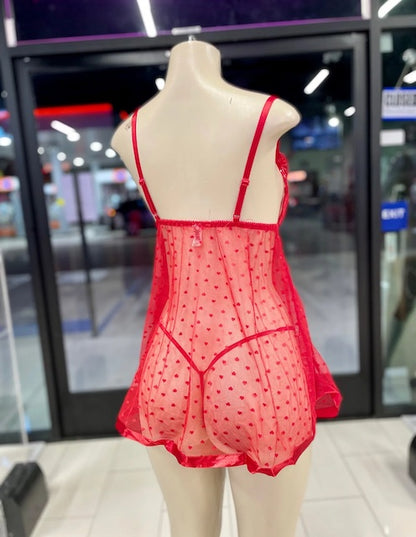 back of Fluttering Hearts Red Sequin Babydoll in red