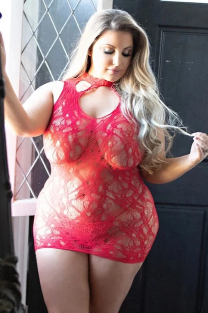 front of Choker Neck Sheer Lace Bodystocking Dress on model