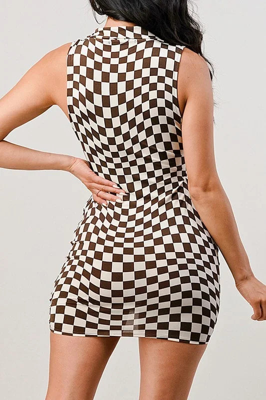 Checkmate Collar Ruched Dress - Brown - Back View