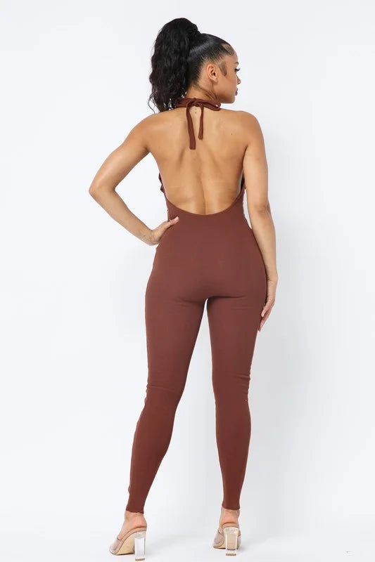 Halter Neck Lace Up Jumpsuit - Brown - Back View