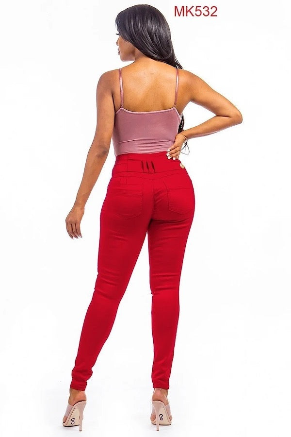 Back of High Rise Colombian Style Jeans in Red