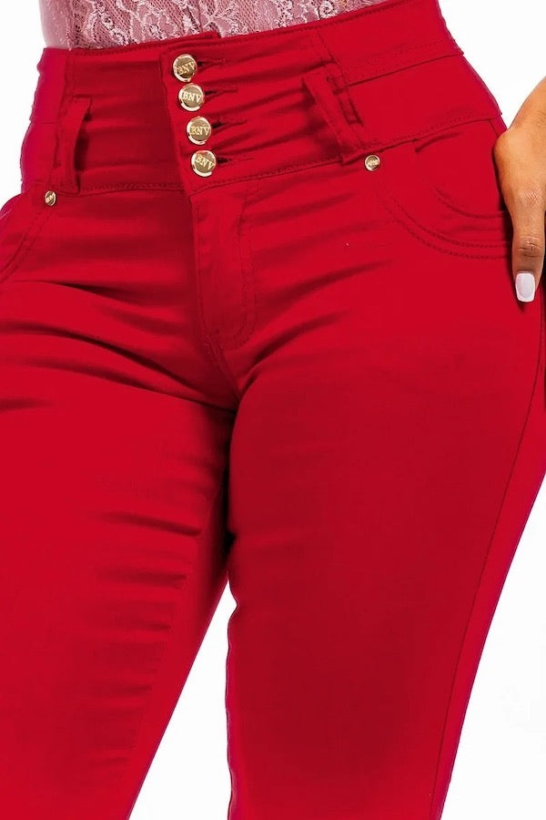 Close up of High Rise Colombian Style Jeans in Red