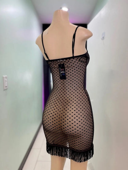 Heart on a String Mesh Fringe Dress - Black