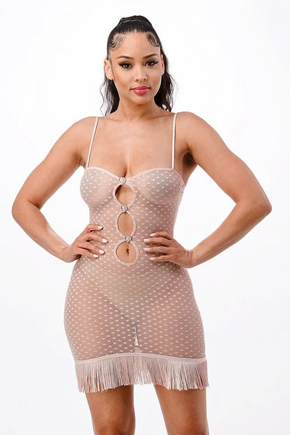 Heart on a String Mesh Fringe Dress - Pink
