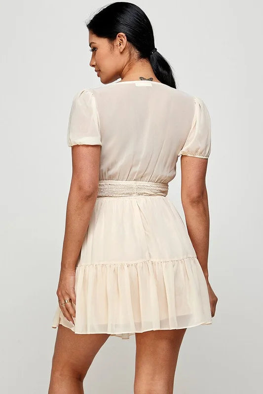 Sarah Solid Front Tie Knot Ruffle Mini Dress - Cream - Back View
