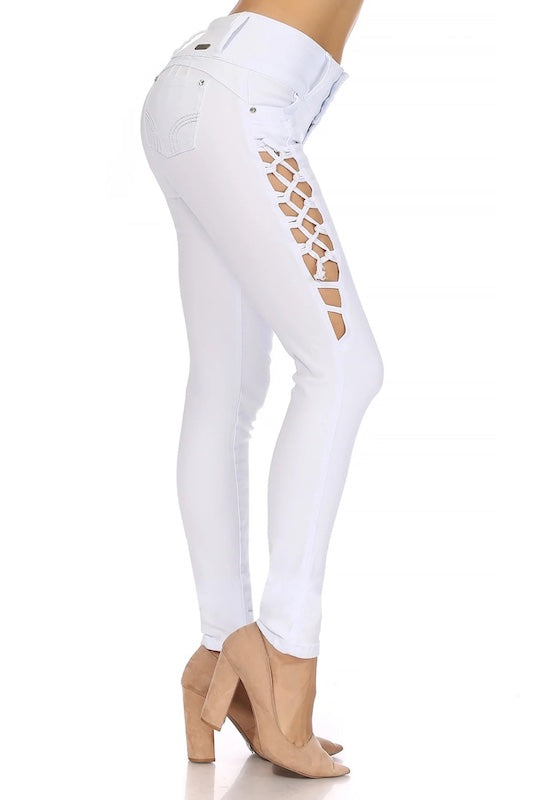 Karli Fishnets Skinny Jeans in Color White