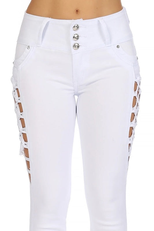 Close up of Karli Fishnets Skinny Jeans in Color White