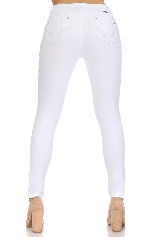 Back of Karli Fishnets Skinny Jeans in Color White