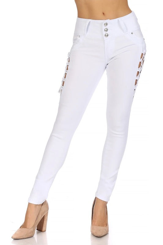 Karli Fishnets Skinny Jeans in Color White