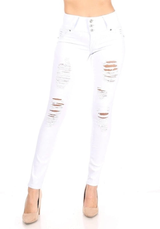 Sasha White Studded Ripped Jeans in color white
