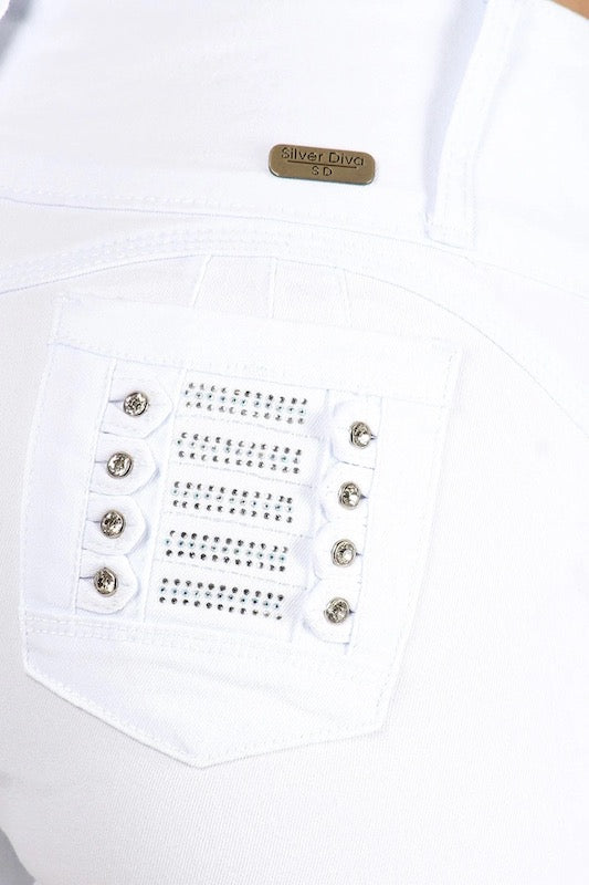 close up of Sasha White Studded Ripped Jeans in color white