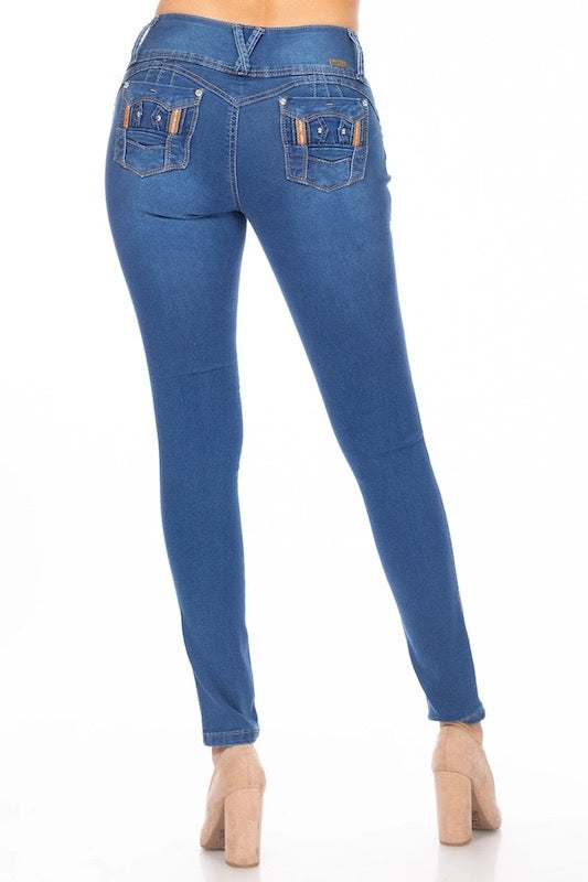 Back of Isabella Embellished Ripped Jeans in Blue
