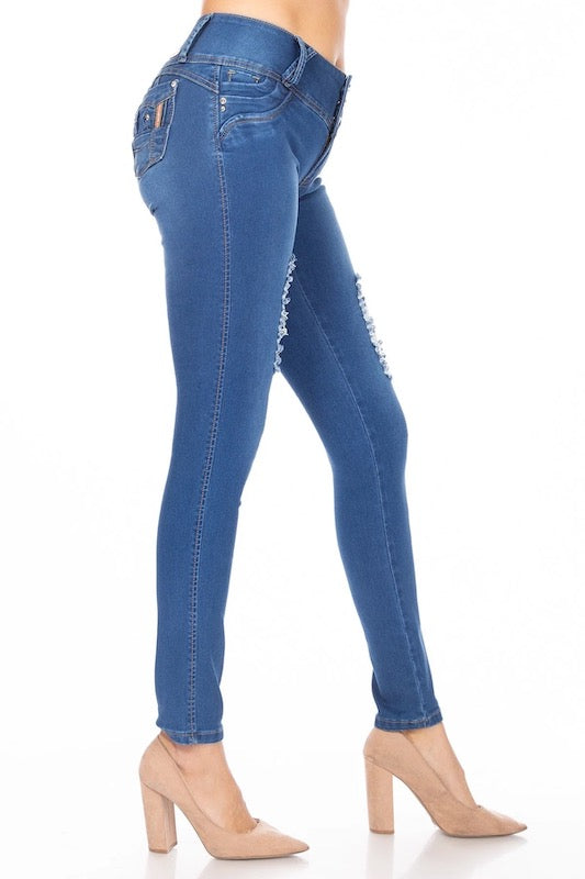 Side of Isabella Embellished Ripped Jeans in Blue