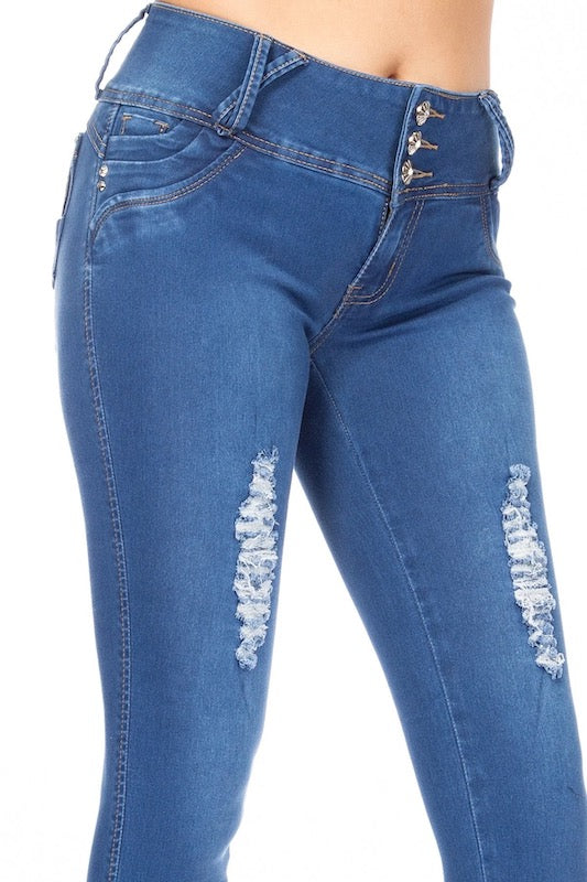 Close up of Isabella Embellished Ripped Jeans in Blue