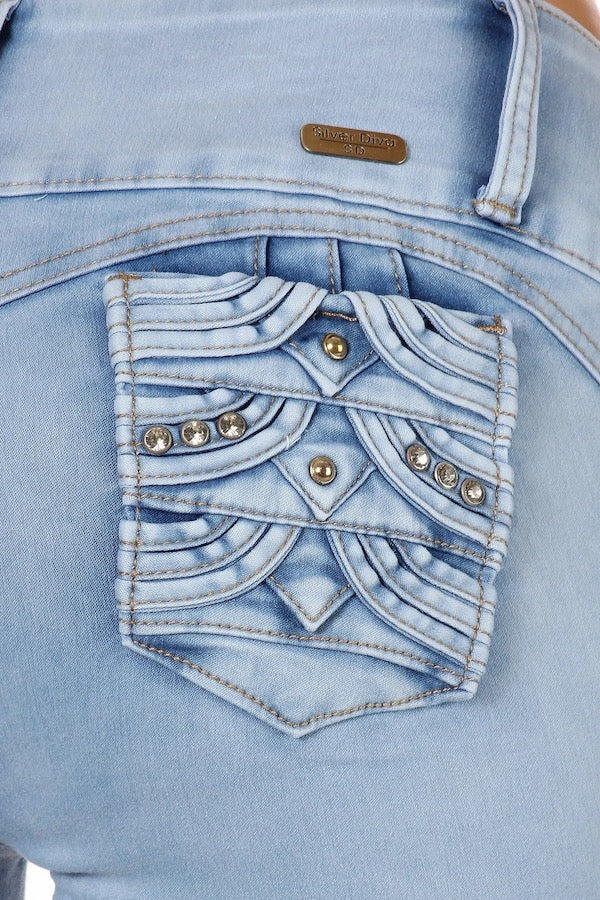 Close up of Marci Studded Pockets Jeans in Light Blue