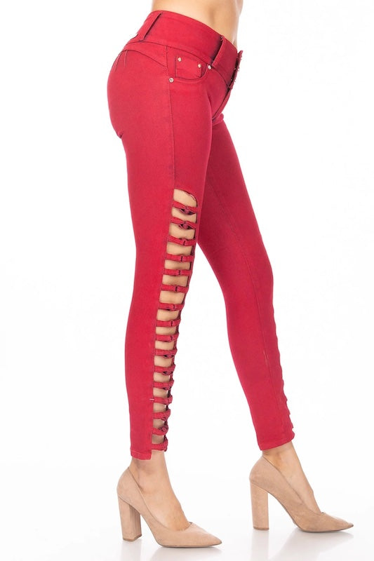 Side of Alva Jeans With Front Ladder Cutouts in red