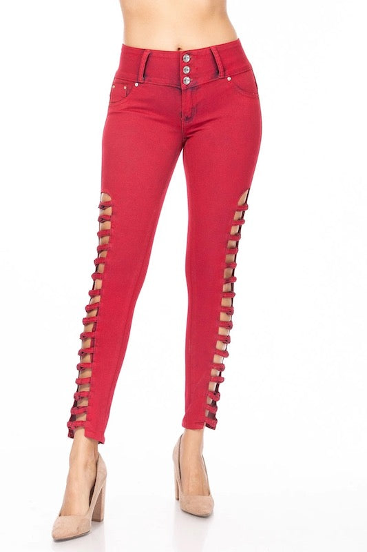 Alva Jeans With Front Ladder Cutouts in Red