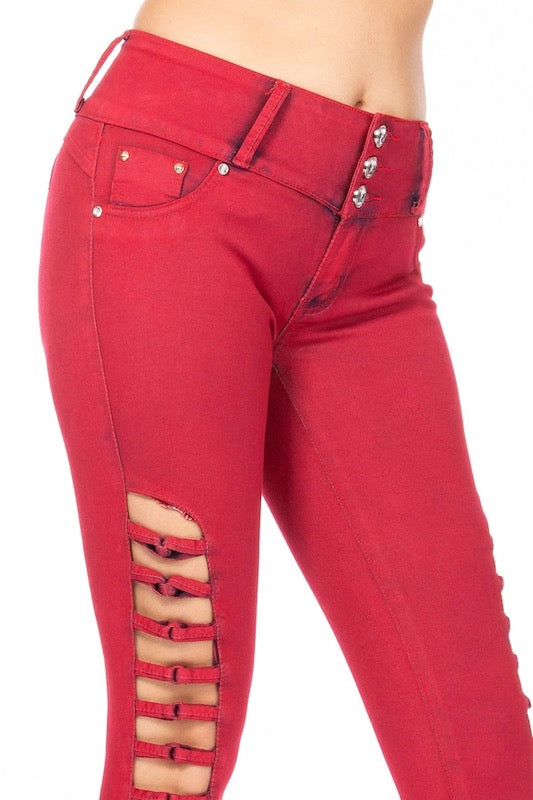 Close up of Alva Jeans With Front Ladder Cutouts in Red