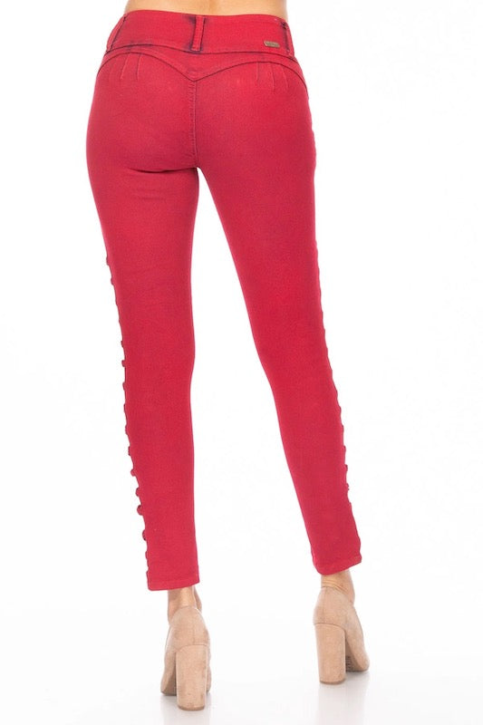 Back of Alva Jeans With Front Ladder Cutouts in red