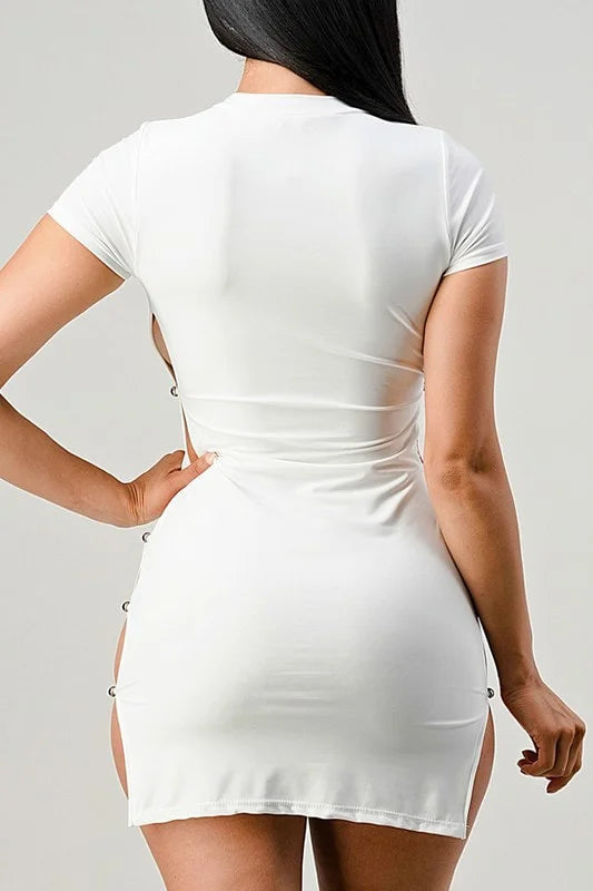 Back of Double Side Cut Out Button Loop Dress in White Color