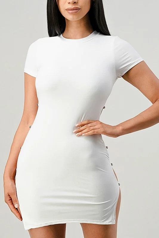 Double Side Cut Out Button Loop Dress in White color