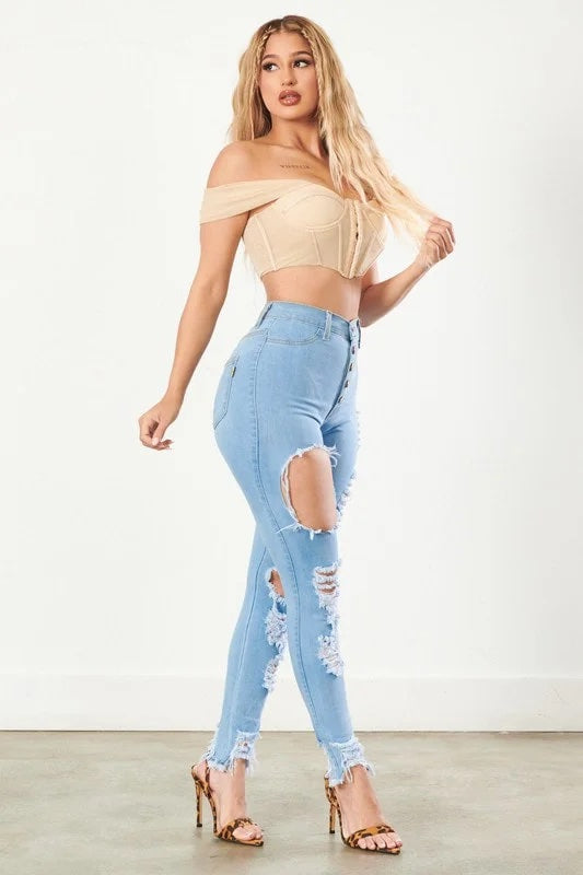 Classic 5 Button Distressed Skinny Jeans - Light Blue