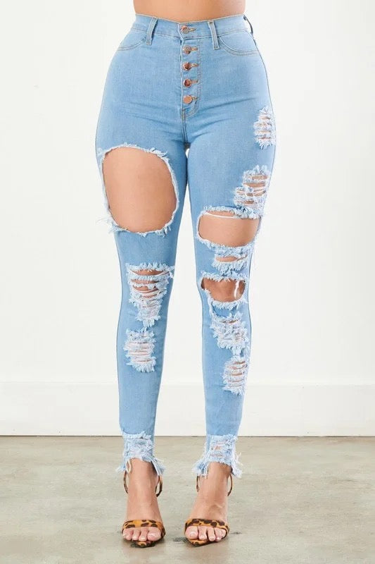 Classic 5 Button Distressed Skinny Jeans - Light Blue