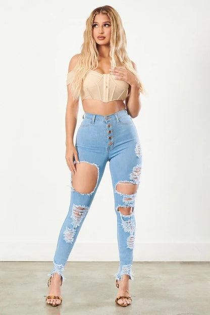 Classic 5 Button Distressed Skinny Jeans - Light Blue