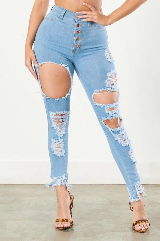 Classic 5 Button Distressed Skinny Jeans - Light Blue