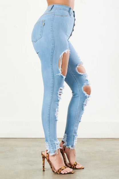 Classic 5 Button Distressed Skinny Jeans - Light Blue
